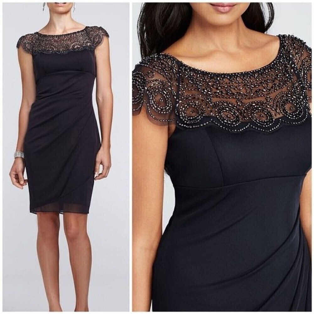 XSCAPE Navy Beaded Neckline Short Cap Sleeve Jersey Mini Dress